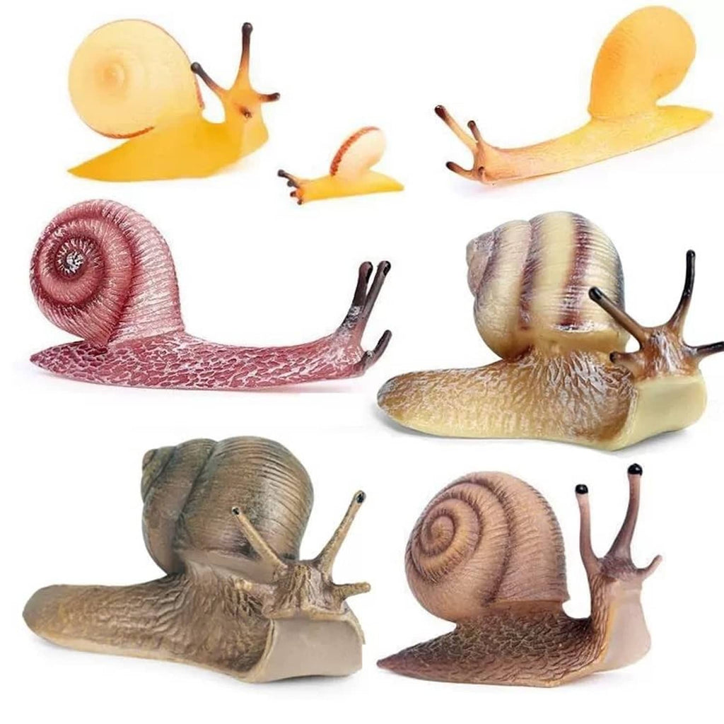 Set of 7 realistic mini snail figurines with detailed shells and antennae, assorted colors.