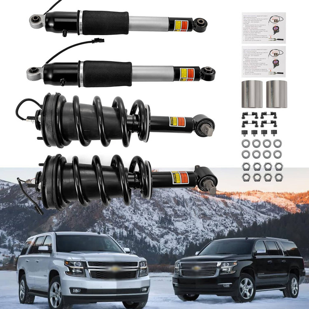 Four front and rear shock strut assemblies set with black springs and silver cylinders