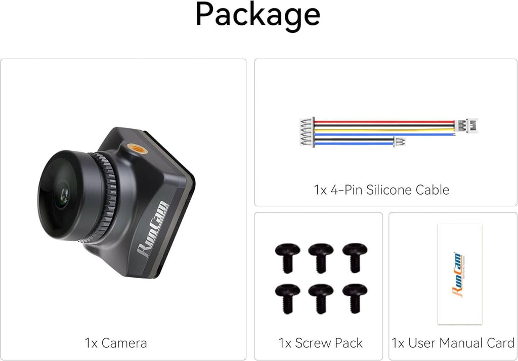FPV camera package contents: camera, 4-pin silicone cable, screws, user manual card
