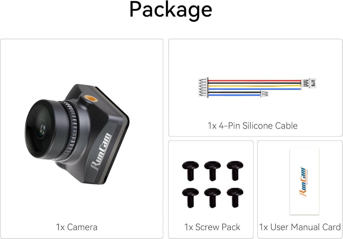 FPV camera package contents: camera, 4-pin silicone cable, screws, user manual card