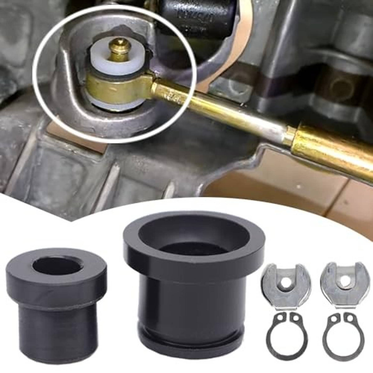 Shift cable bushing repair kit with black sleeves, metal U-clips, and retaining rings