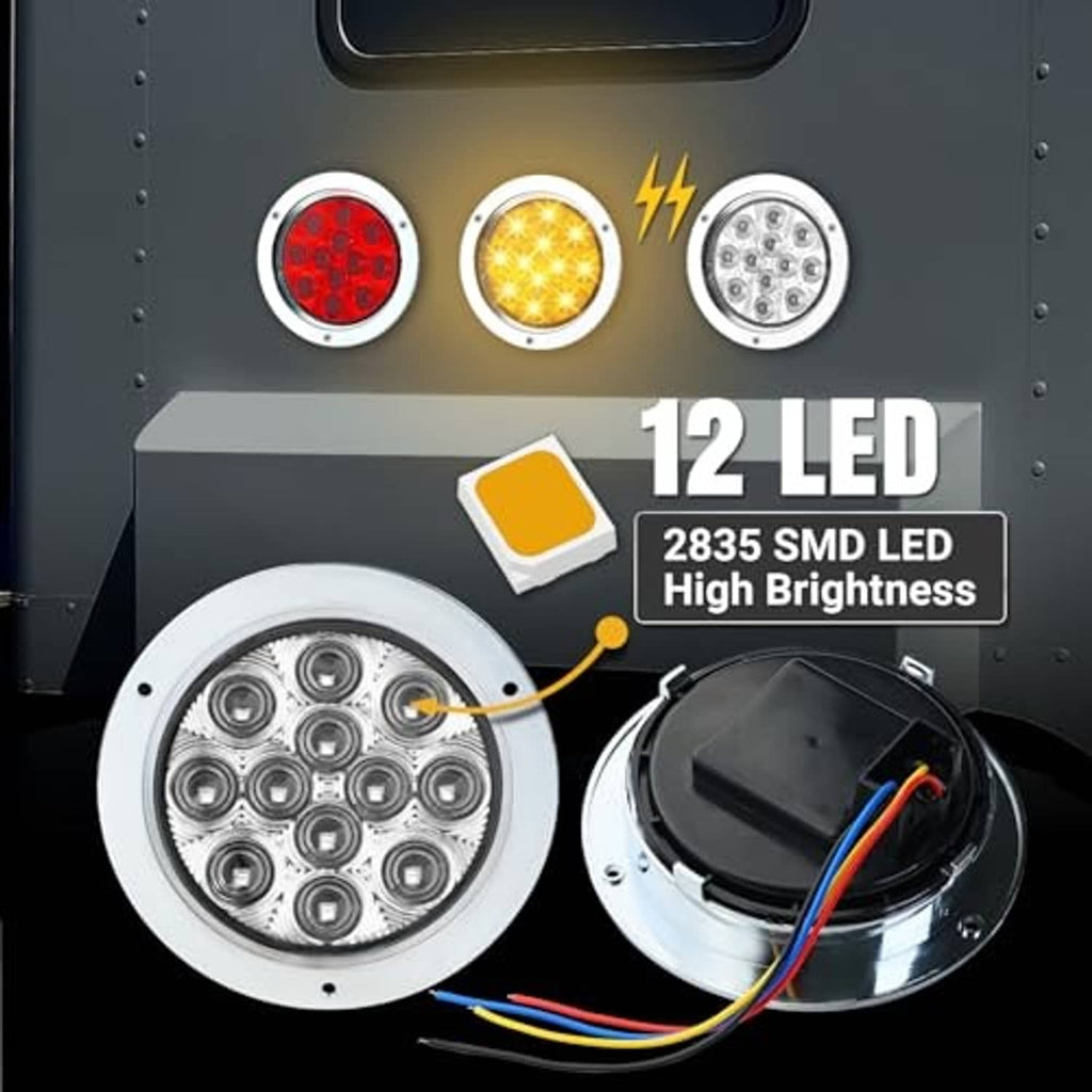White 4-inch LED strobe tail light with 12 LEDs and multi-color wiring connections.