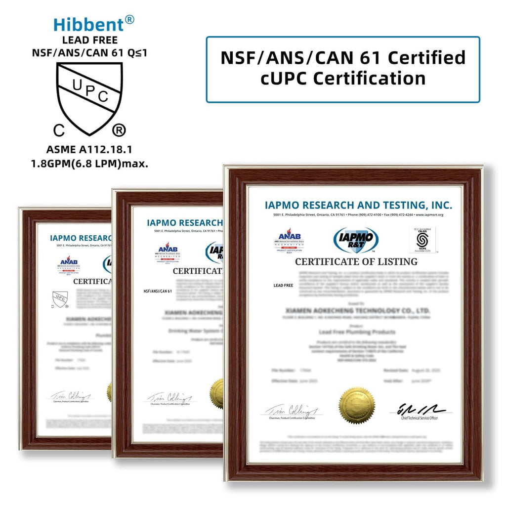 Framed Hibbent cUPC certification documents showing lead-free NSF/ANS/CAN 61