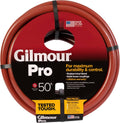 Red 3/4 in x 50 ft heavy-duty water hose, coiled with black tie and label.