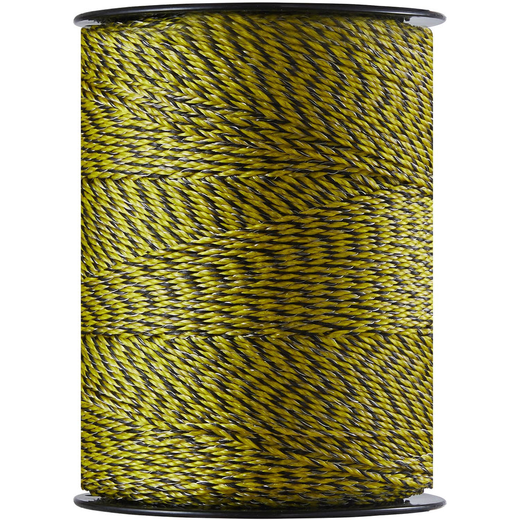 Electric fence polywire spool with braided yellow-and-black strands