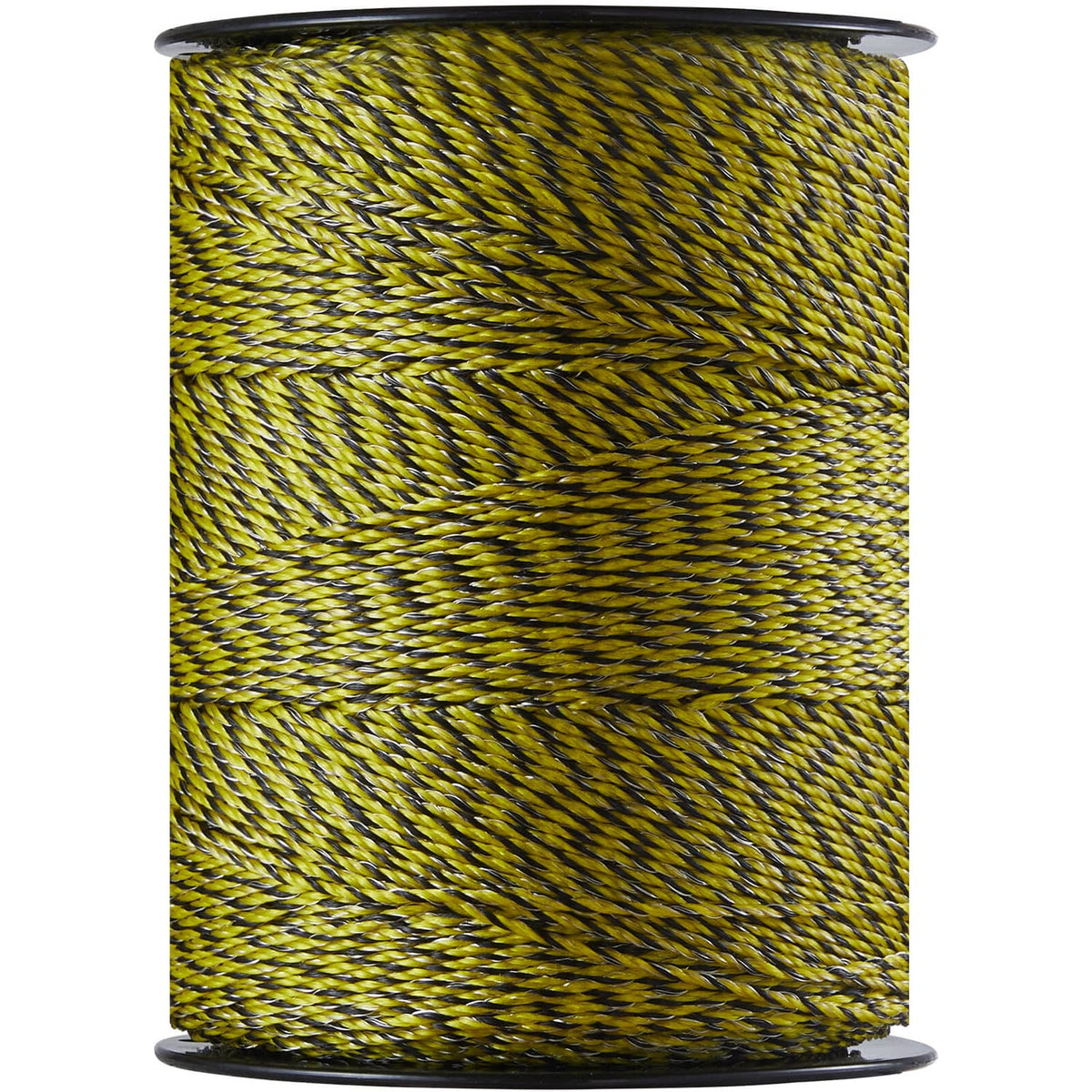 Electric fence polywire spool with braided yellow-and-black strands
