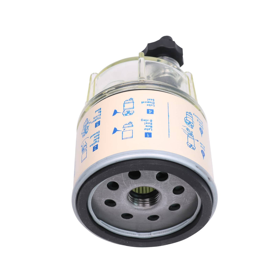 Spin-on fuel filter water separator with circular base, black center threads, and clear bowl