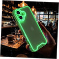 Green clear phone case with glowing outline and dual camera cutouts.