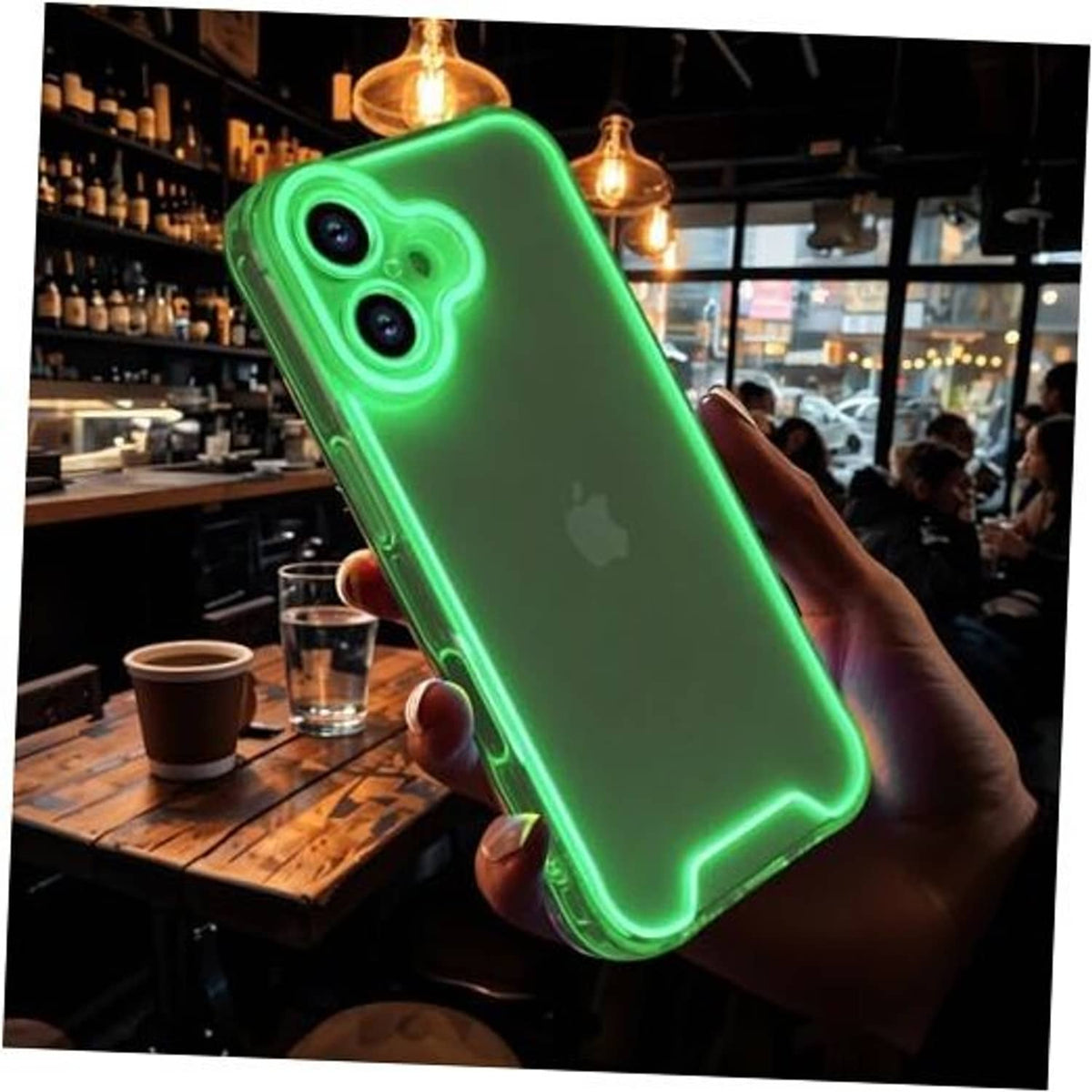 Green clear phone case with glowing outline and dual camera cutouts.