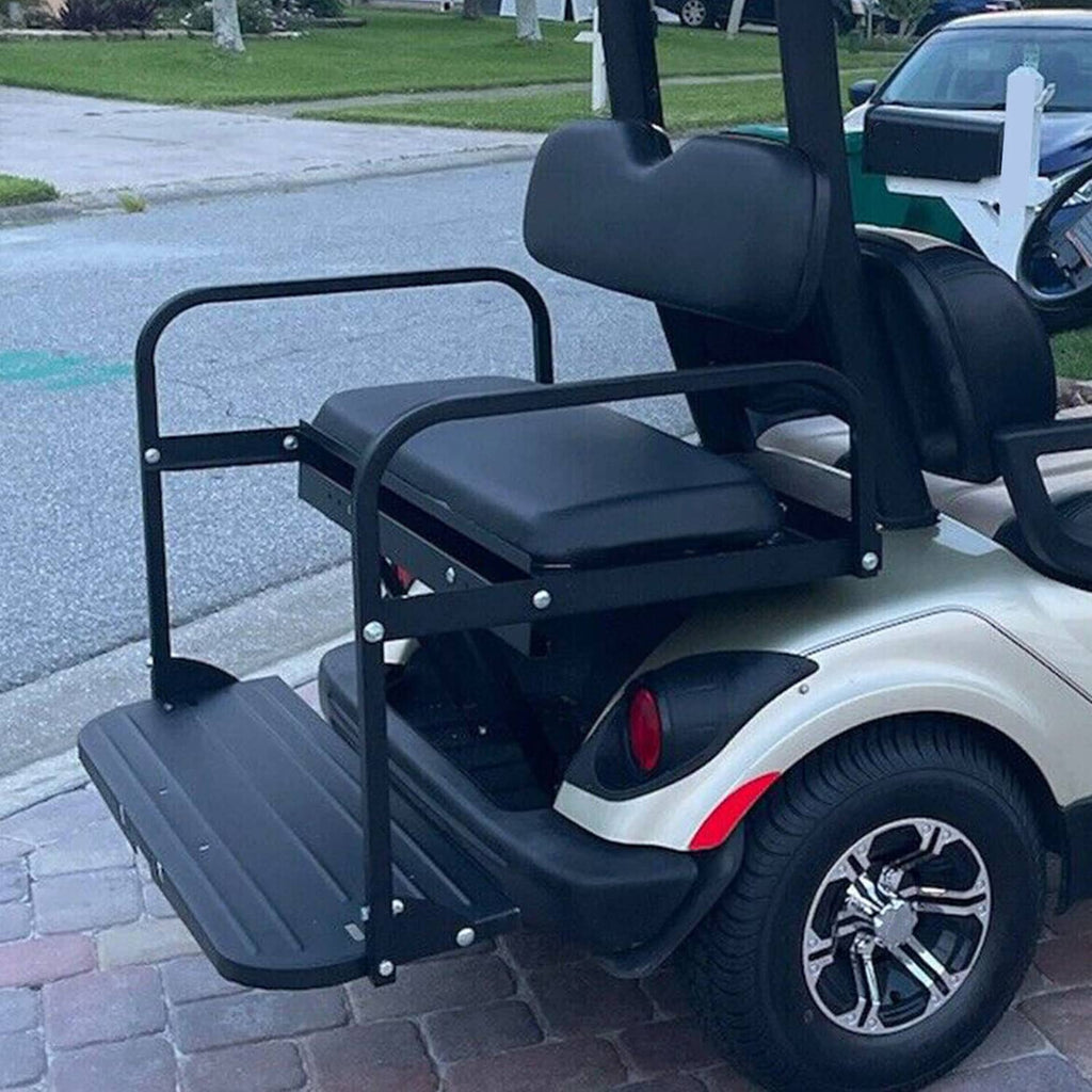 Rear seat kit on golf cart with black armrests and dark gray seat and back cushions