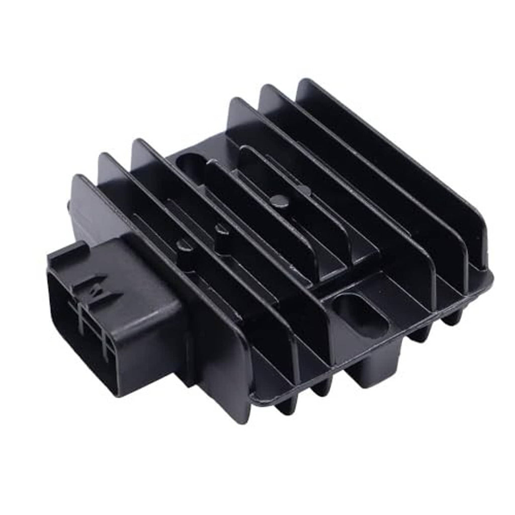 Black finned voltage regulator rectifier with mounting bracket and side connector