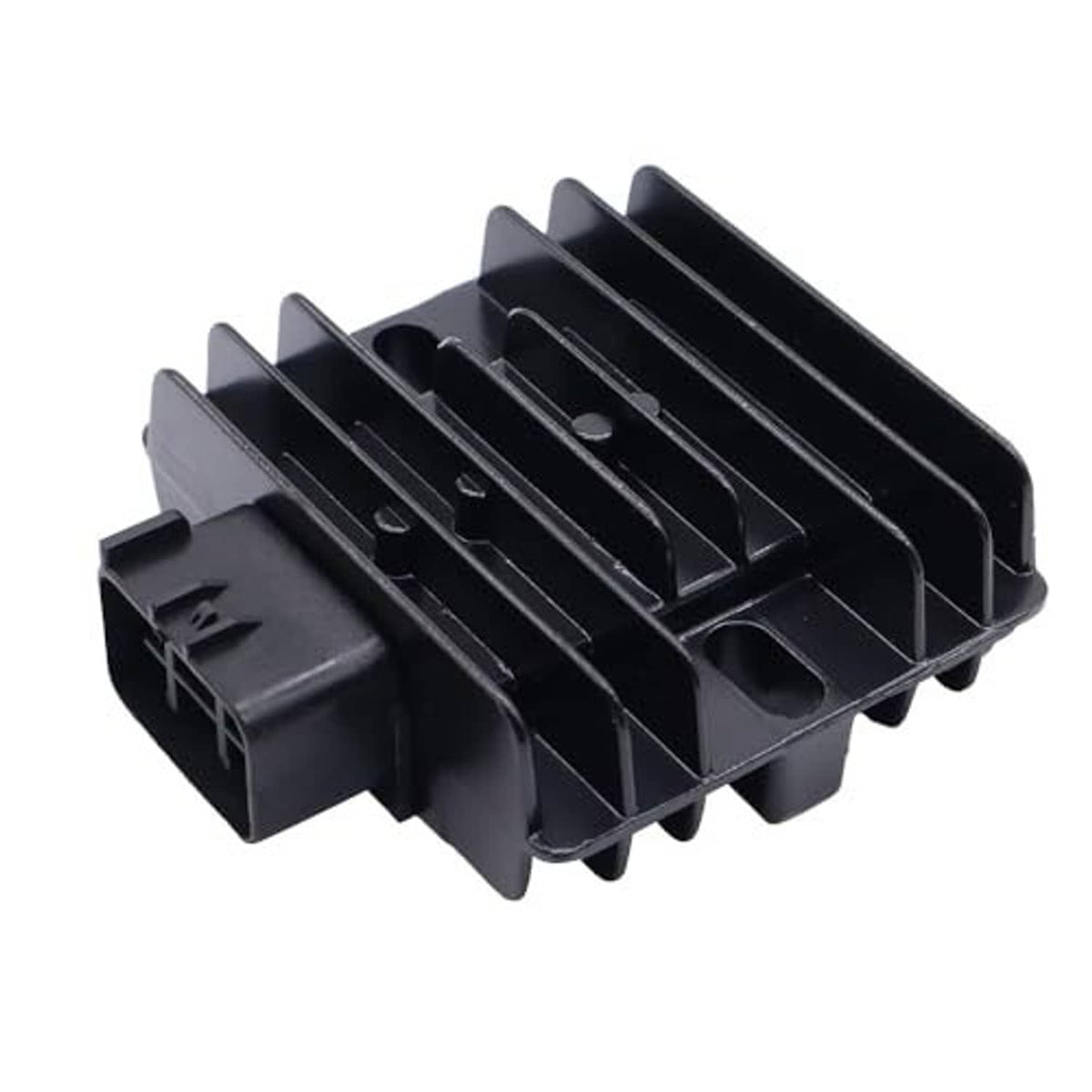 Black finned voltage regulator rectifier with mounting bracket and side connector