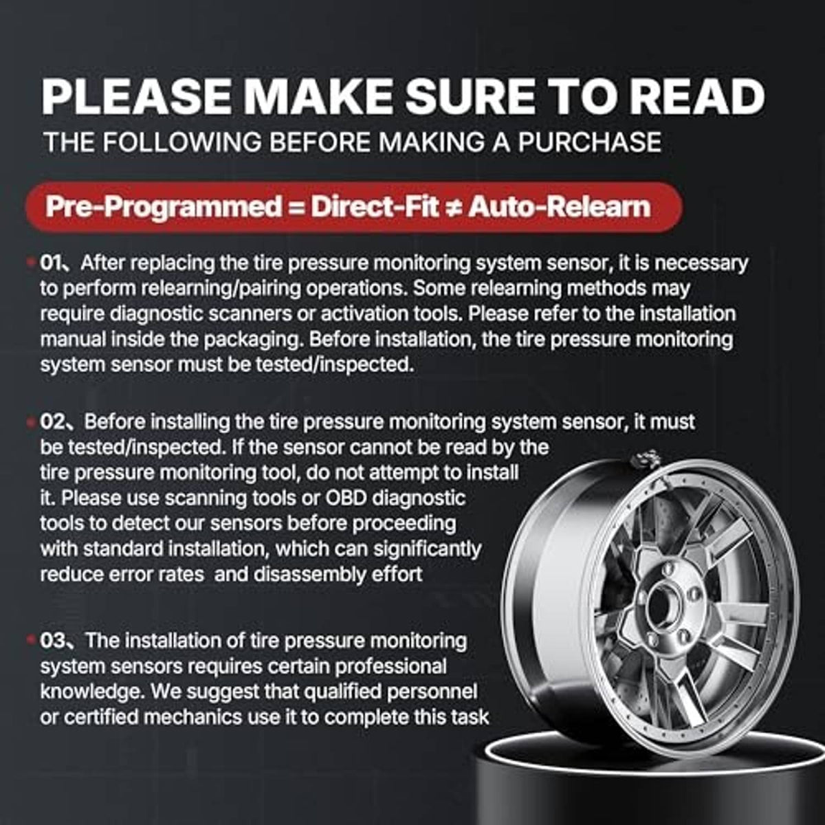 TPMS sensor illustration with instructions text and wheel graphic in background