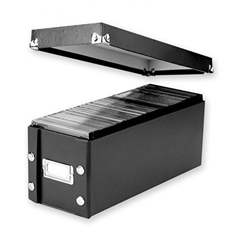 Black CD storage case with clasp lid and stacked disc sleeves inside