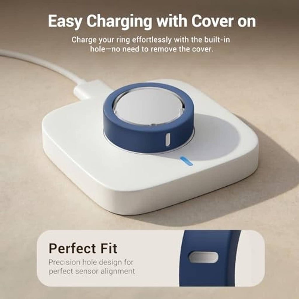 Blue-and-white silicone charging cover designed for easy charging over the ring sensor