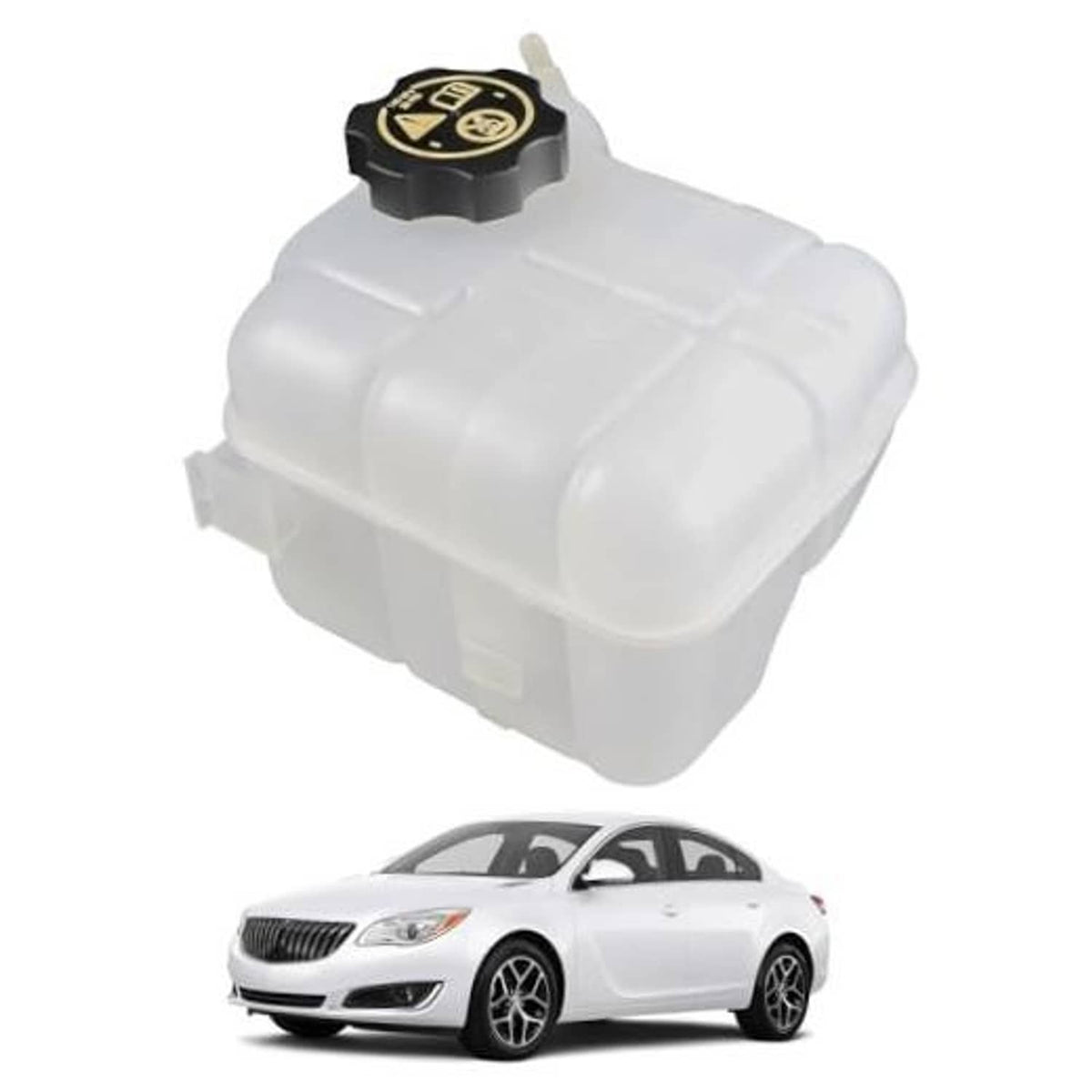 Engine coolant overflow reservoir tank with black cap, translucent white plastic body