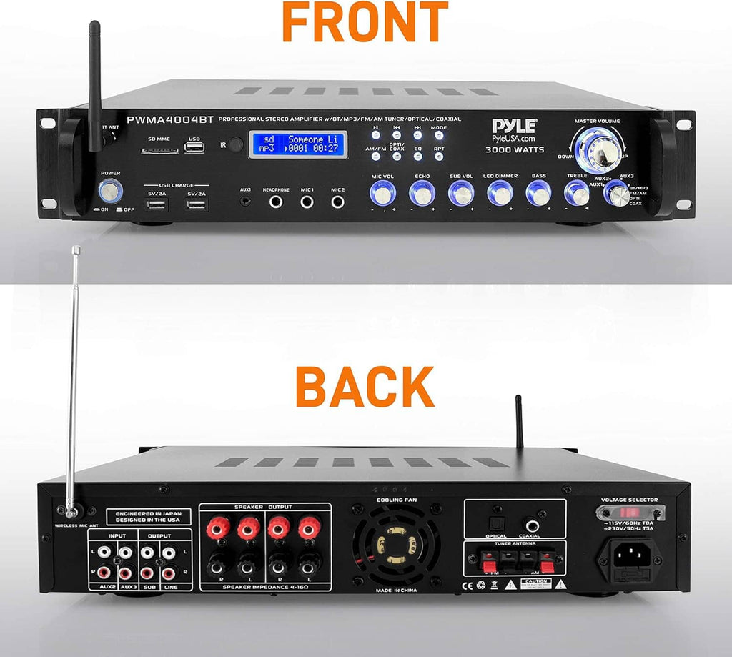 Hybrid pre-amplifier front and rear panels with control knobs, ports, and antenna