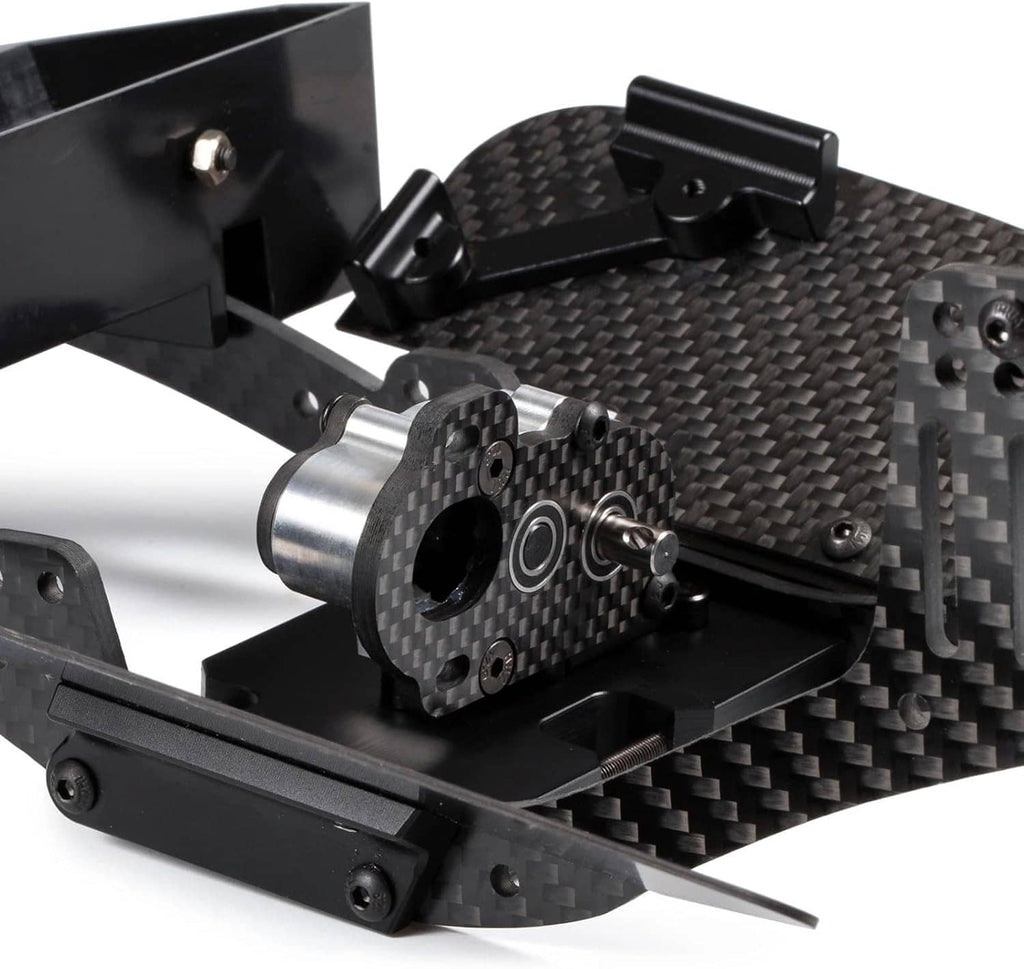 RC transmission unit with carbon-fiber cover, metal output shaft, and black mounting base