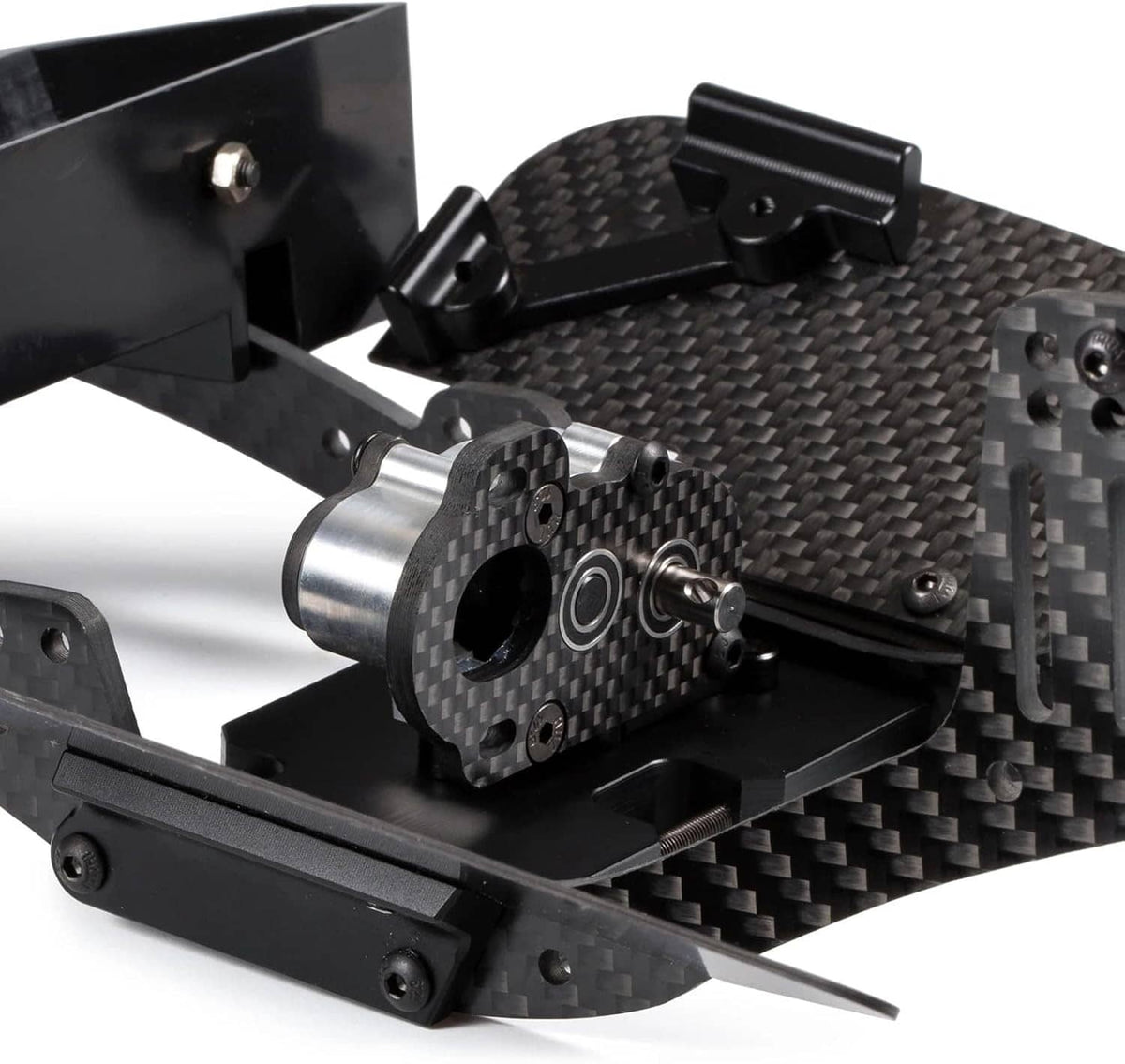 RC transmission unit with carbon-fiber cover, metal output shaft, and black mounting base