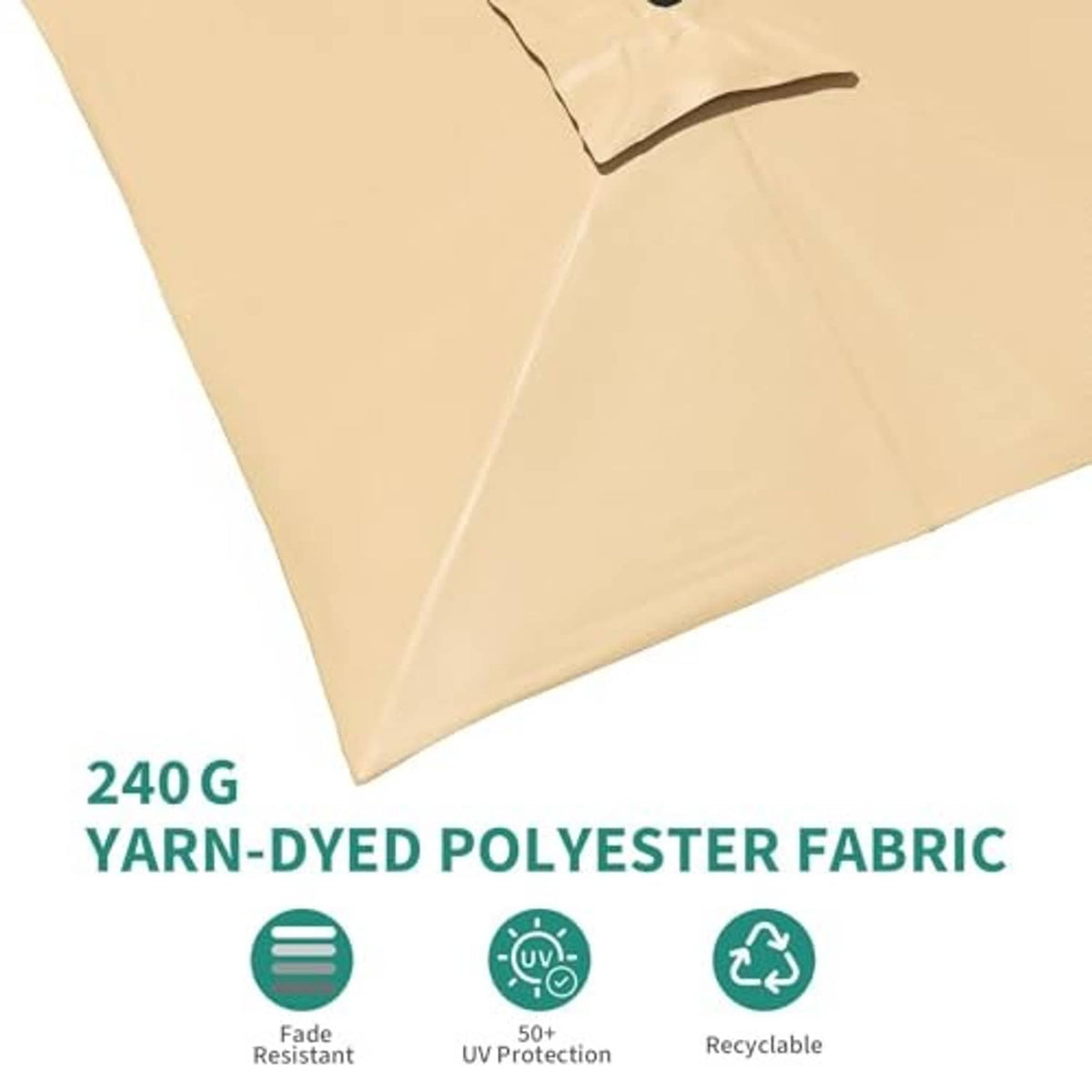 Beige polyester umbrella canopy close-up with visible seams and triangular paneling