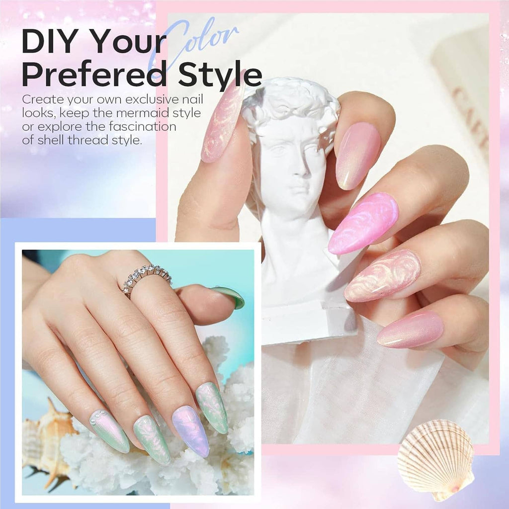 Hands with long iridescent pastel gel nails in pink, lavender, and mint aqua tones