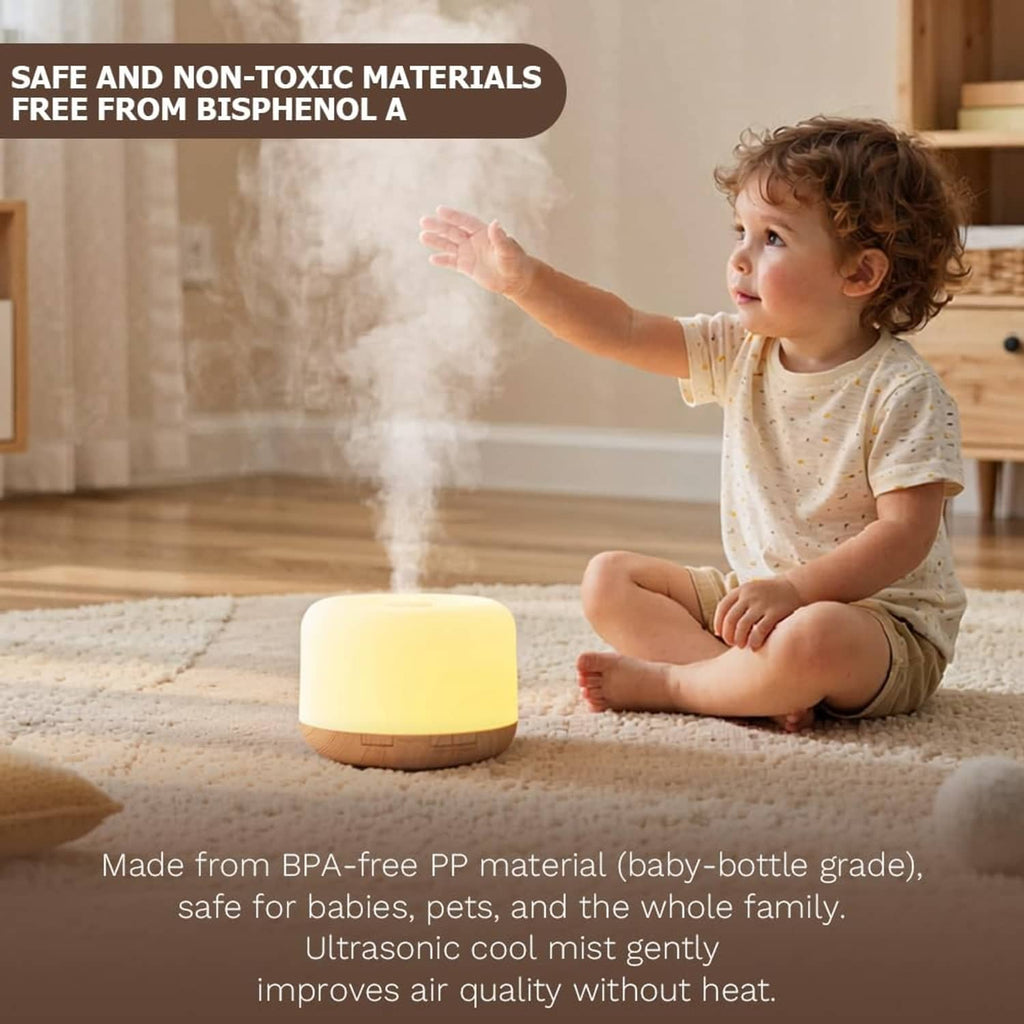 Small essential oil diffuser with warm glow releasing cool mist near a child