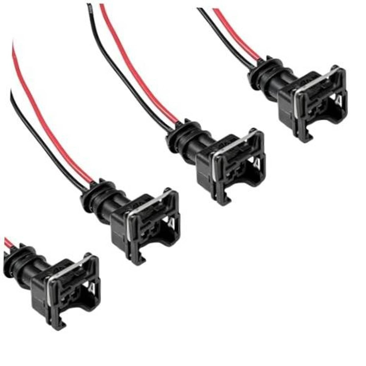 4-pack fuel injector connector pigtail harness, black housings, red/black wires