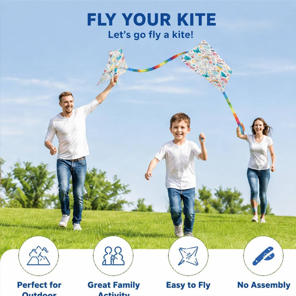 Family flying DIY diamond kites with long colorful tails