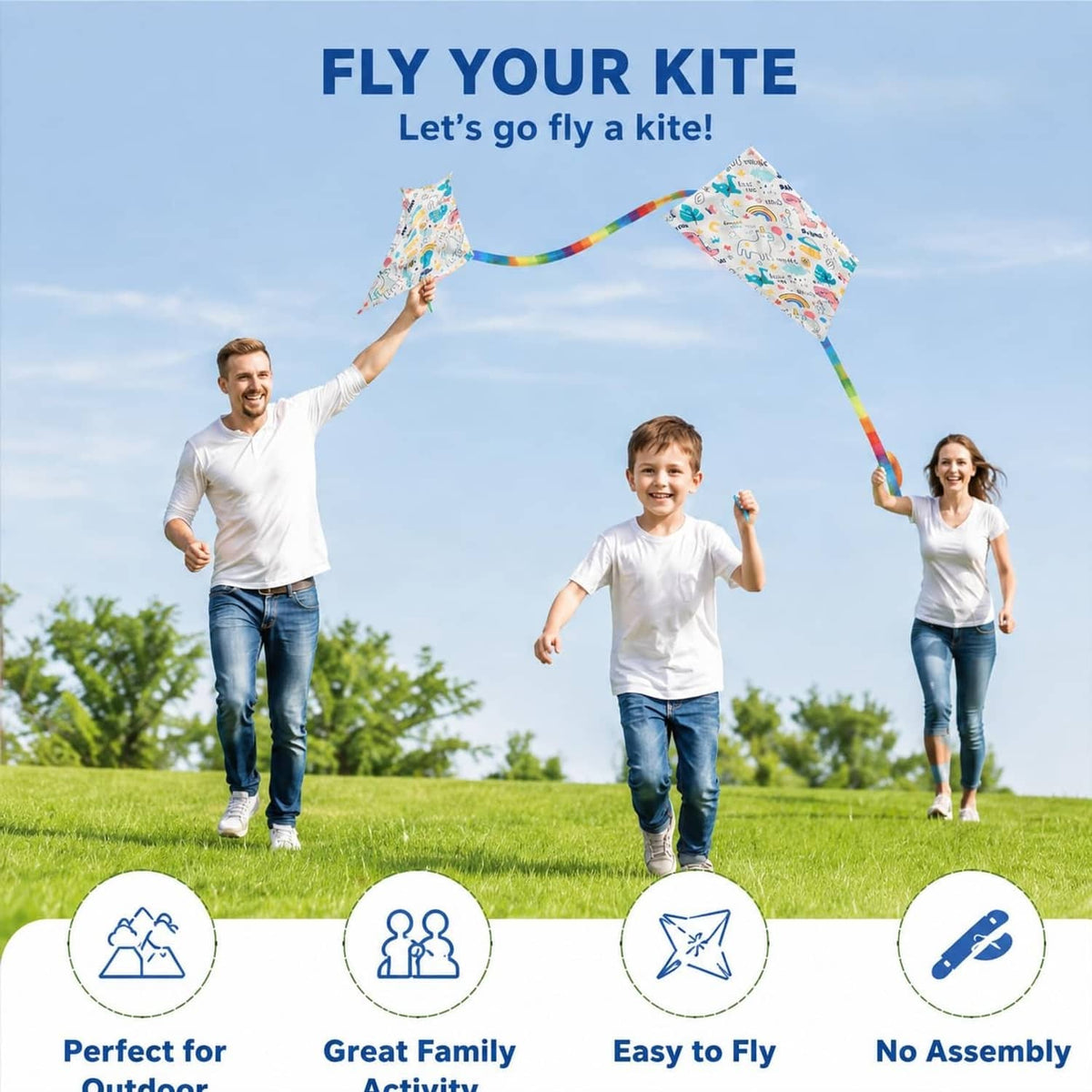 Family flying DIY diamond kites with long colorful tails