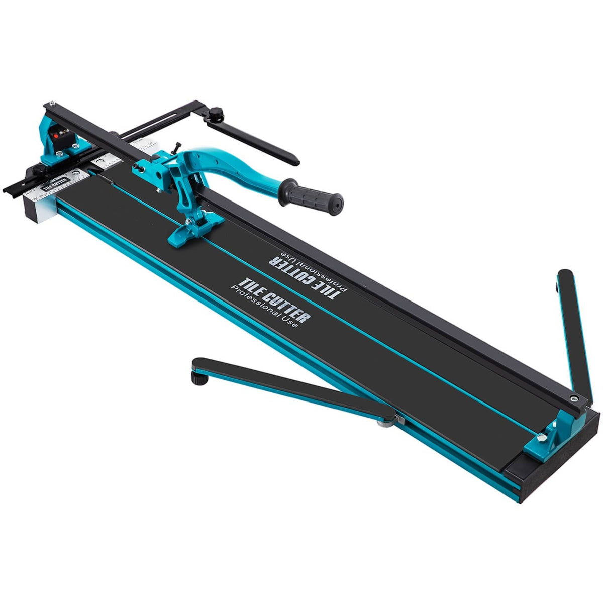 Manual tile cutter angled view with teal frame, black base, and handle for cutting