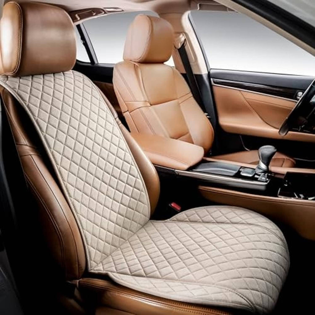 Beige faux linen car seat cover, quilted seat and backrest with headrest, side view