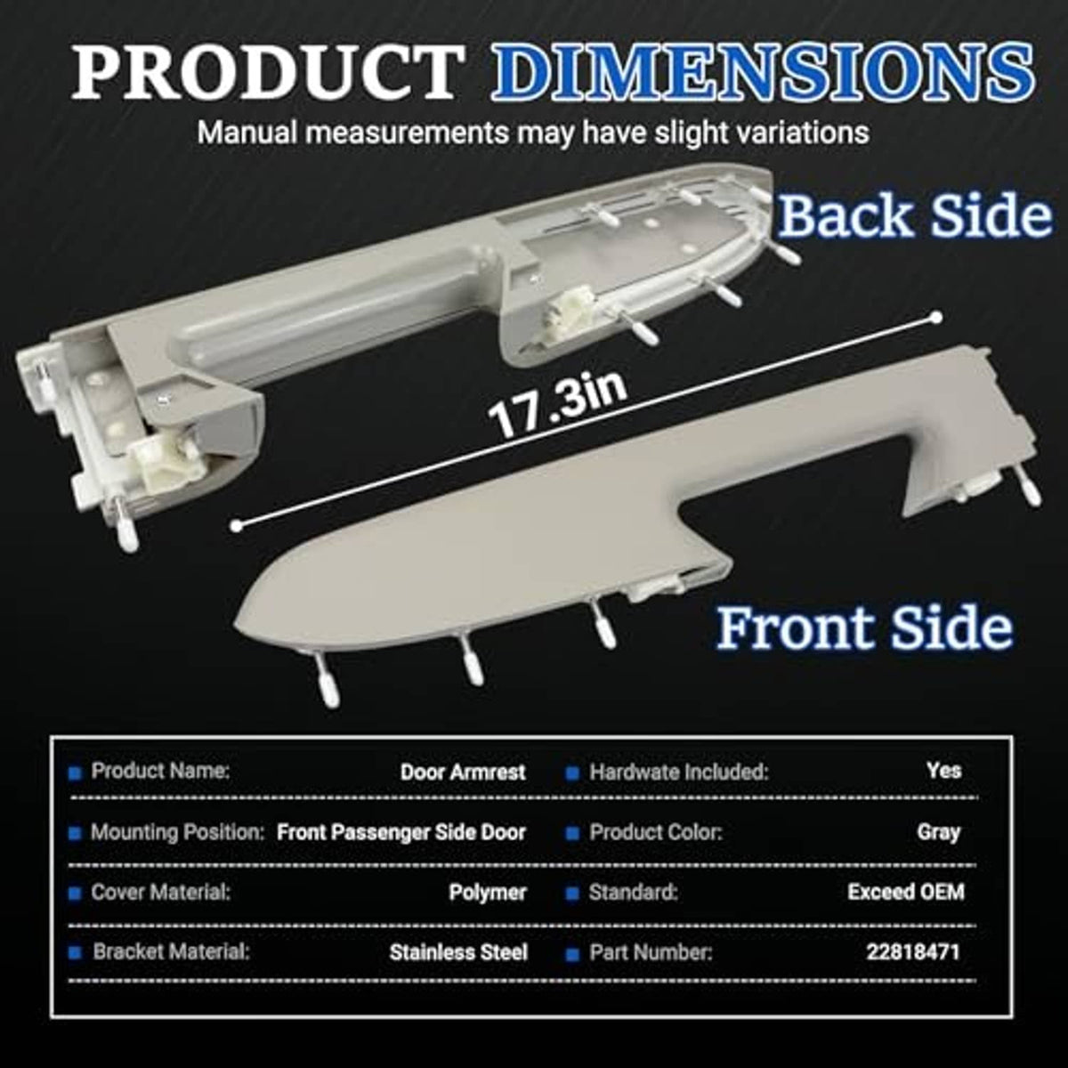 Armrest repair kit dimensions diagram for front and back side pieces