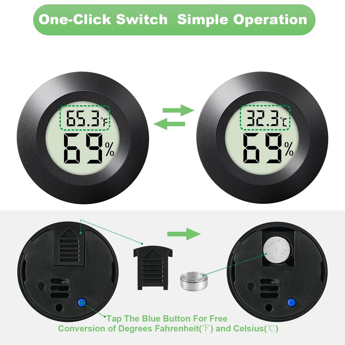 Mini round hygrometer display 65.3°F 69% with side switch button and ports visible