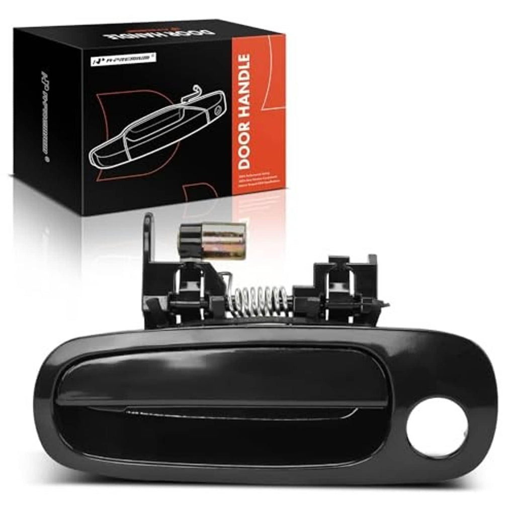 Front left exterior door handle with keyhole, smooth black finish, rounded grip