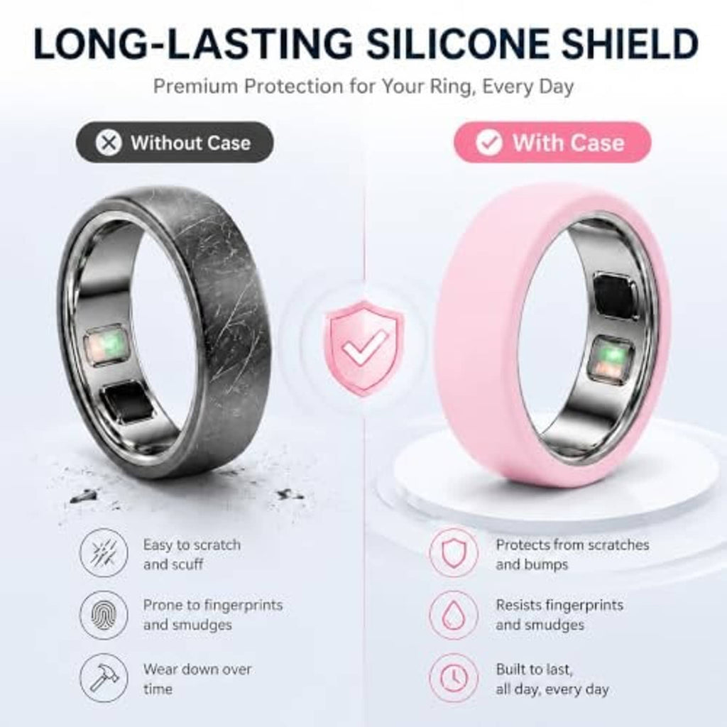 Scratch-protecting silicone smart ring protectors in gray and pink