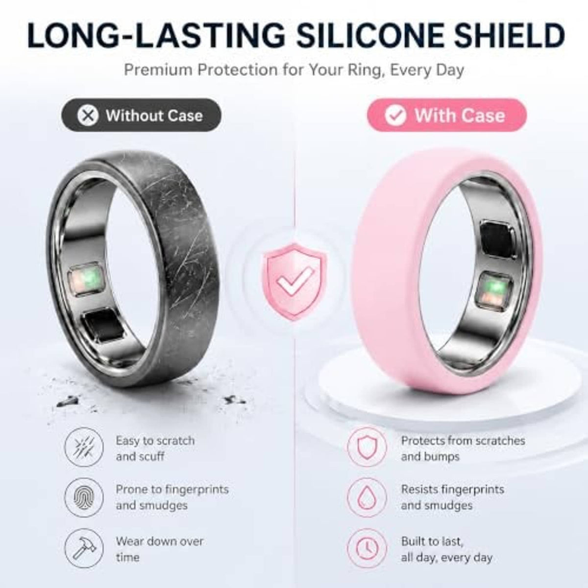 Scratch-protecting silicone smart ring protectors in gray and pink