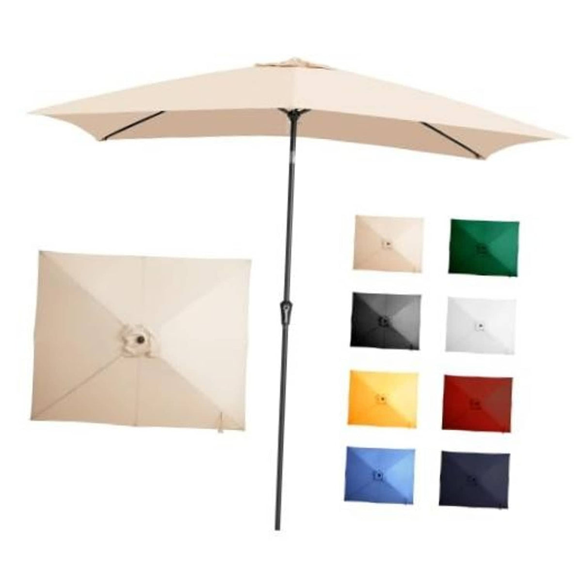 Beige rectangular patio table umbrella with open canopy and central pole, fabric canopy visible