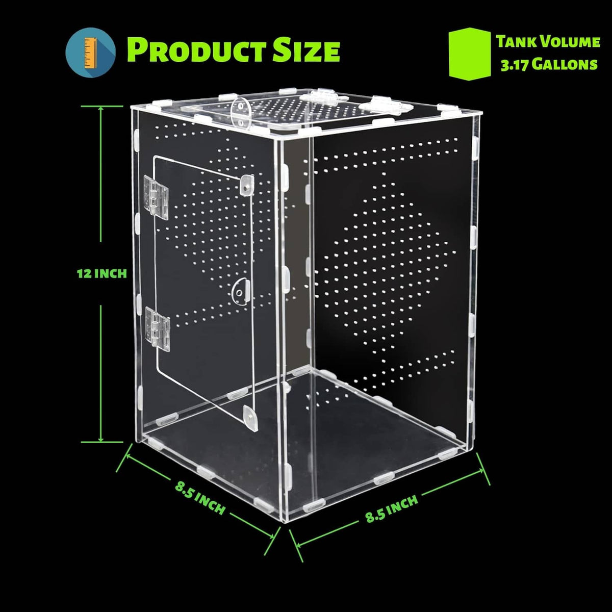 Large acrylic enclosure size showing 12 in height and 8.5 in footprint