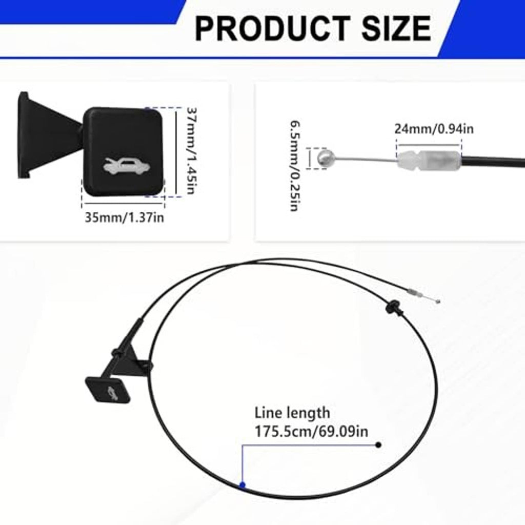 Hood release cable with black lever, mounting bracket, and length size diagram