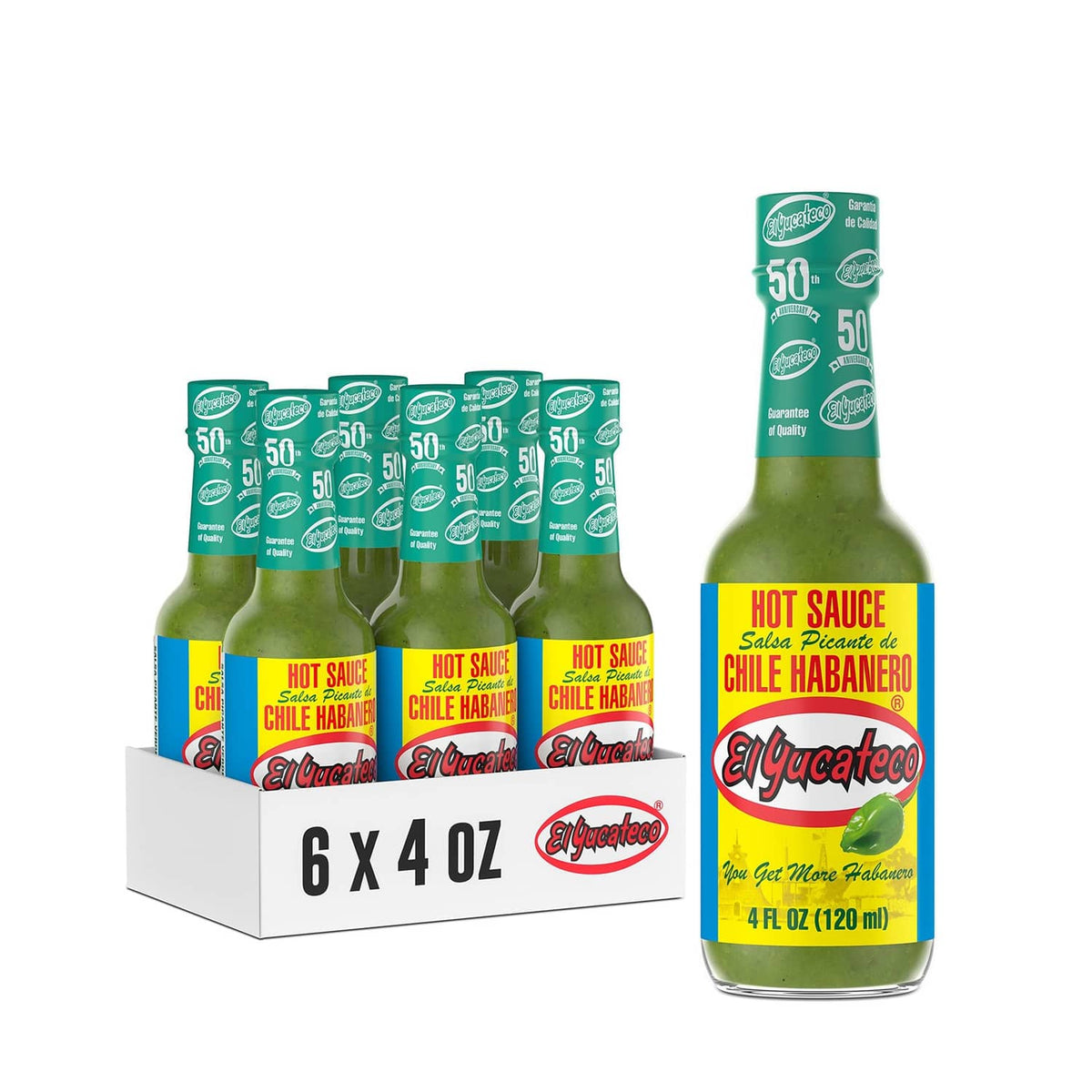 El Yucateco green habanero hot sauce 4 oz bottle with 6-pack carton