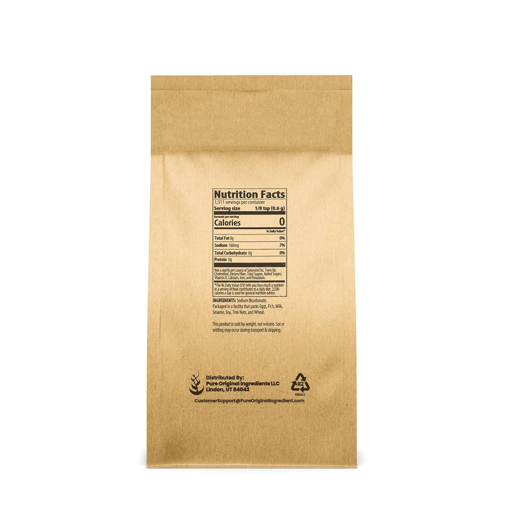 Sodium bicarbonate pouch back with Nutrition Facts panel and company details