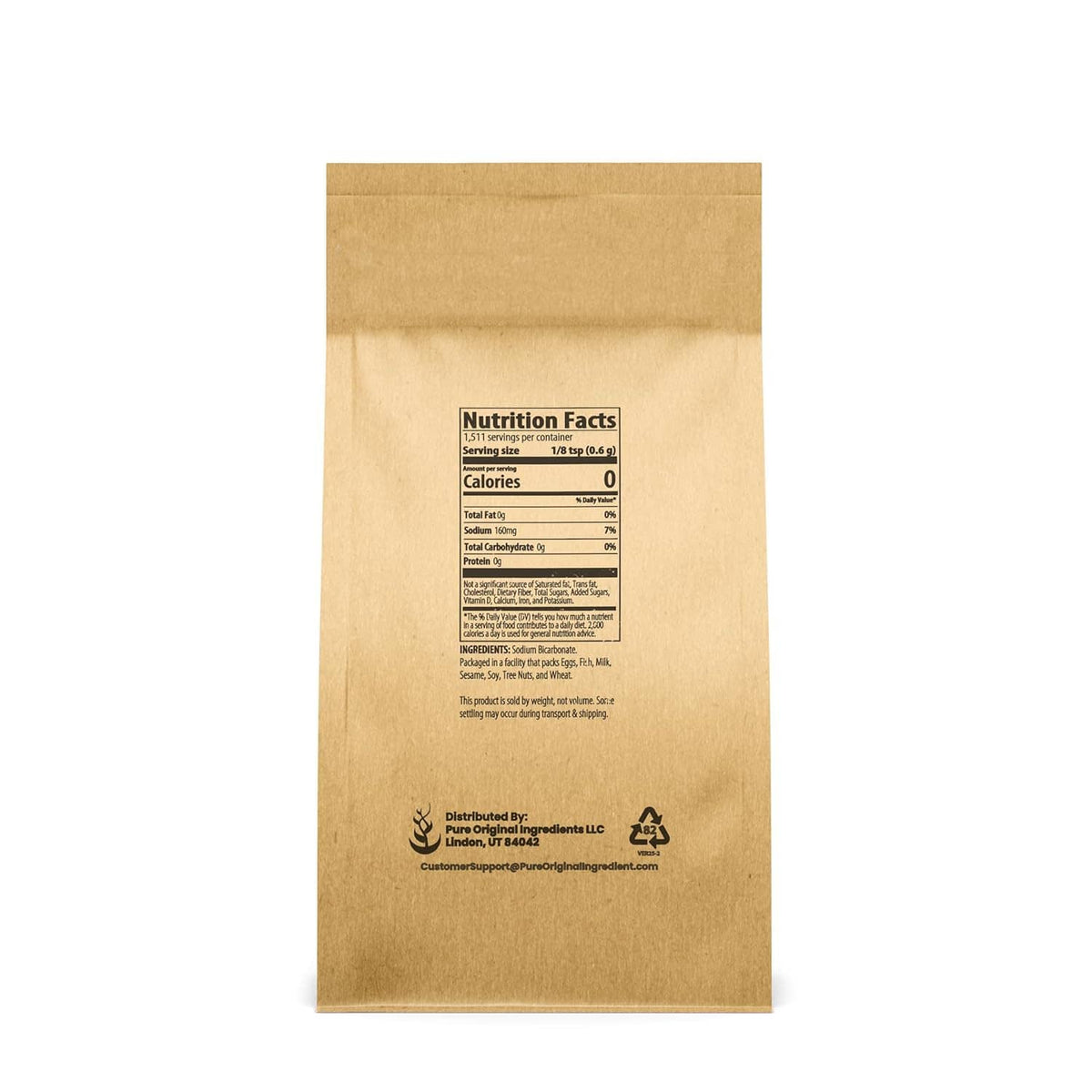 Sodium bicarbonate pouch back with Nutrition Facts panel and company details