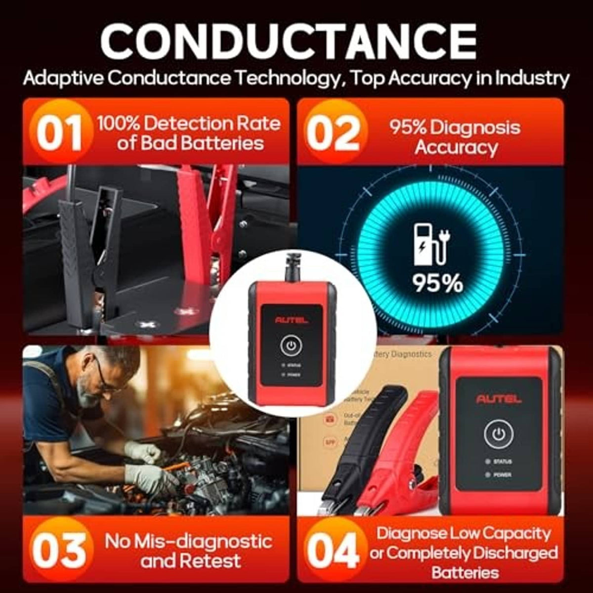 Red battery tester tool with clamp leads and power/status indicator display