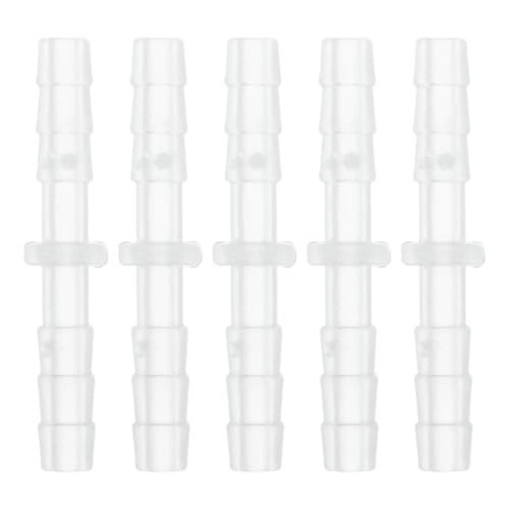 Five clear plastic straight hose barb fittings grouped side by side