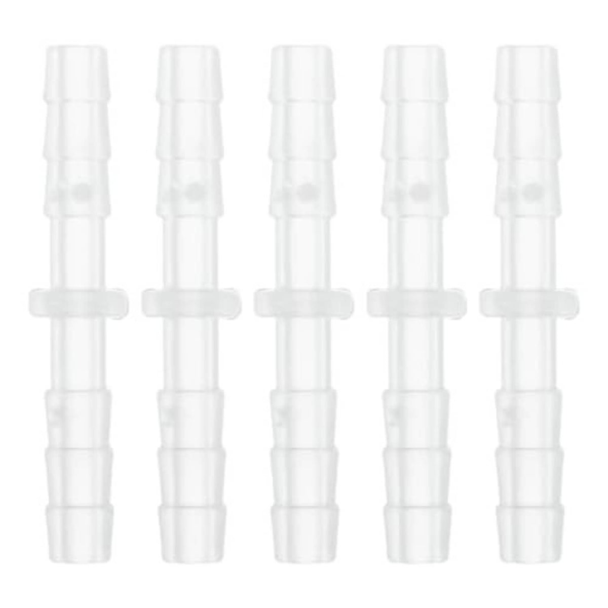 Five clear plastic straight hose barb fittings grouped side by side