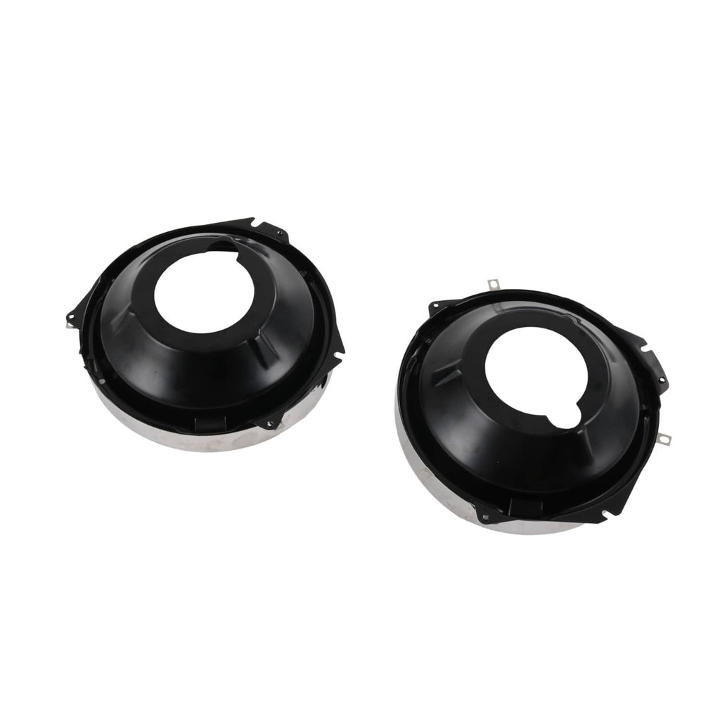 Two black headlamp mounting buckets with silver rim edges and mounting tabs