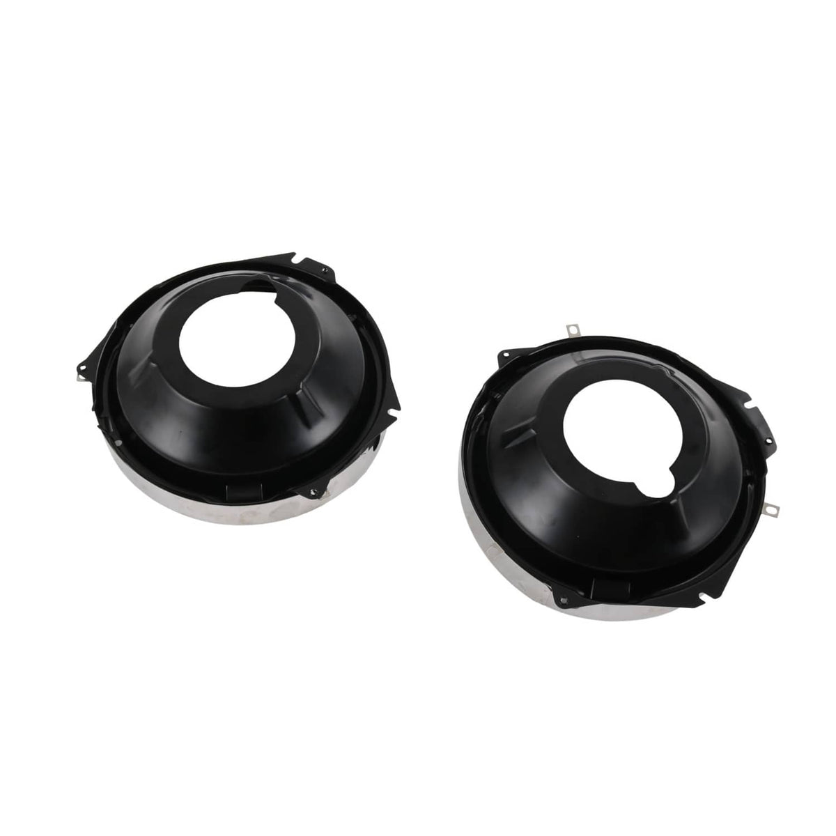 Two black headlamp mounting buckets with silver rim edges and mounting tabs