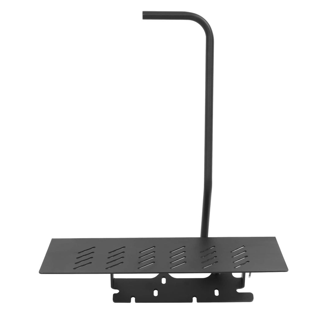 Black discharge shield plate with curved support rod and mounting base