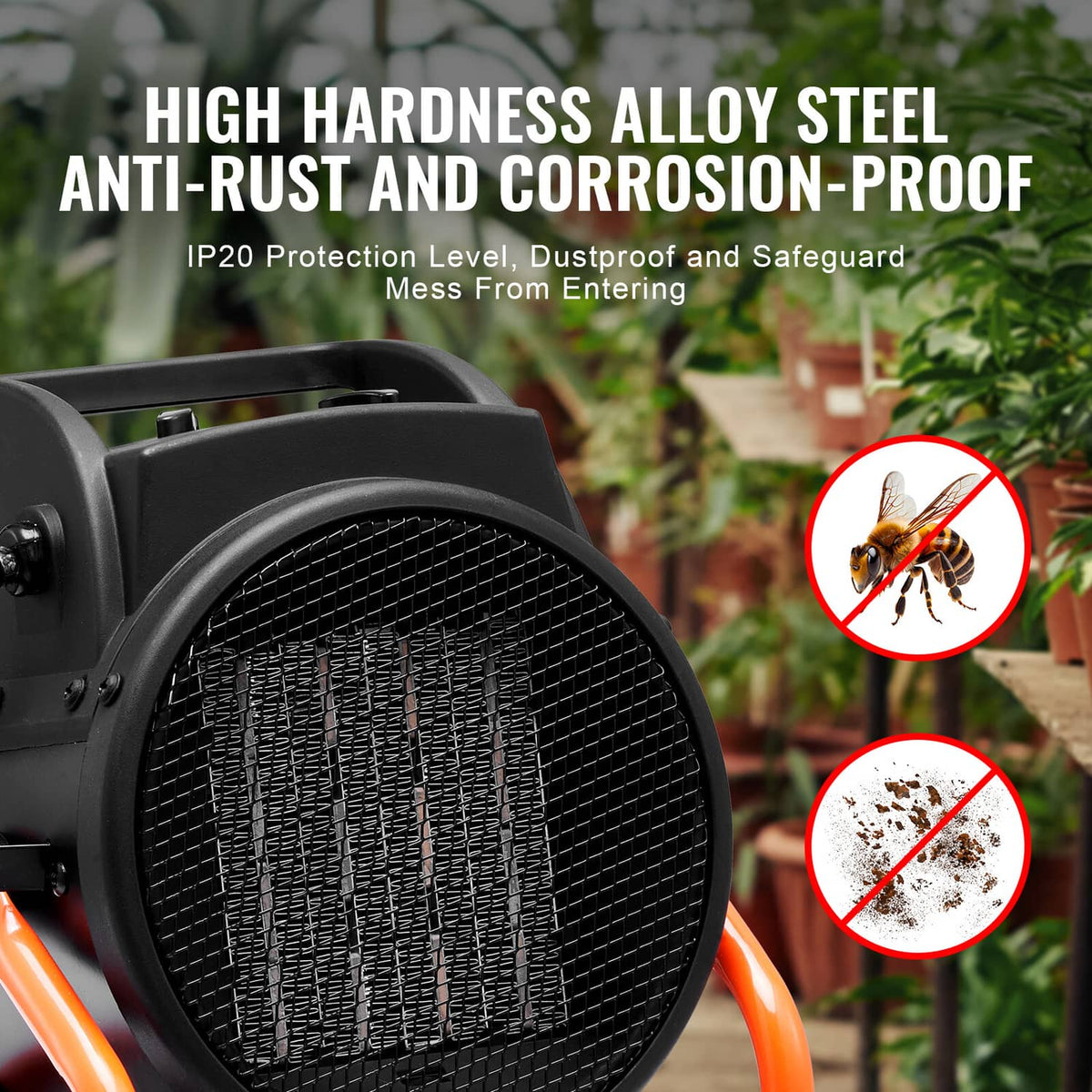Black VEVOR greenhouse heater with front mesh grille and orange protective frame