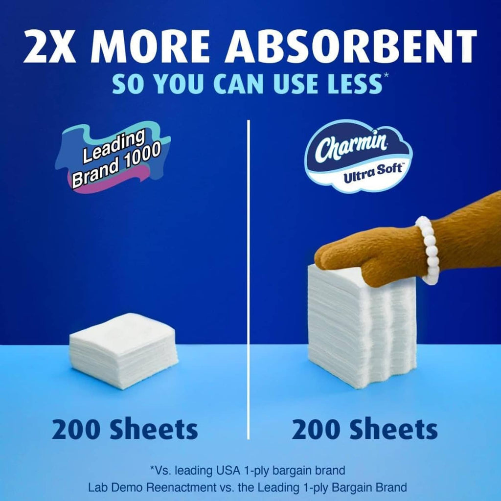 Charmin Ultra Soft toilet paper stacks labeled 200 sheets per pack
